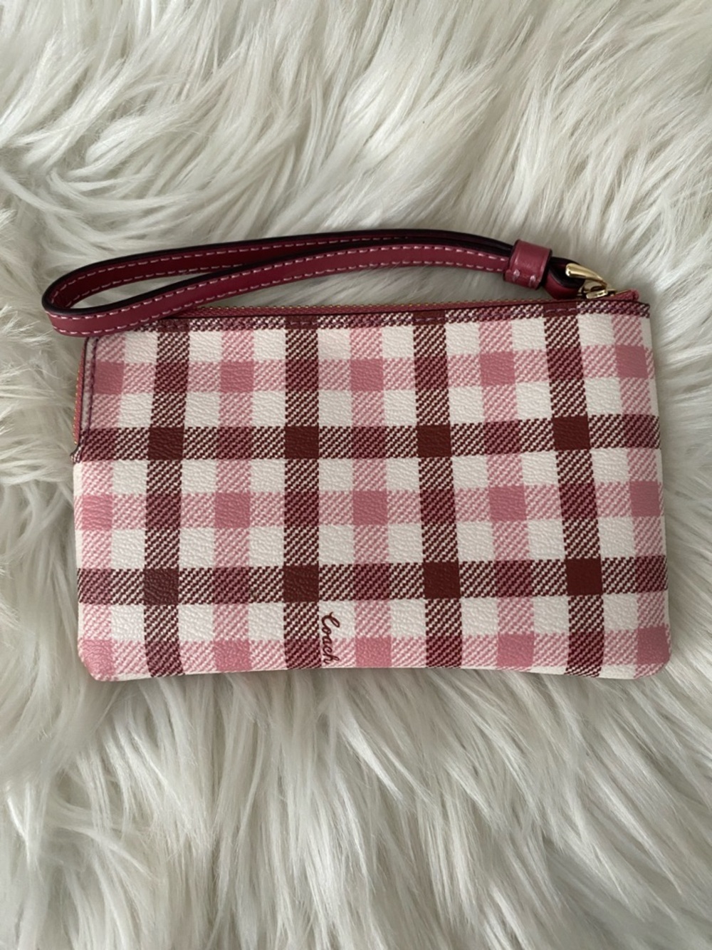 Coach Pink and White Plaid Wristlet with Gold Logo - Picture 3 of 8